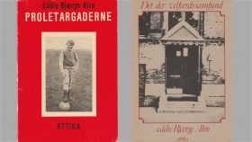 Eddie Alrøs bøger. Til venstre Eddie, som jeg husker ham. Til højre er forsiden et billede af indgangsdøren til Langelinie Skole.